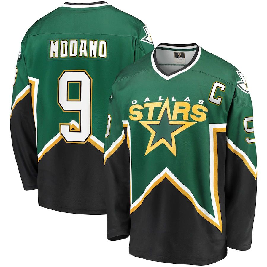 Men Dallas Stars #9 Mike Modano Fanatics Branded Kelly Green Black Premier Breakaway Retired Player NHL Jersey->dallas stars->NHL Jersey